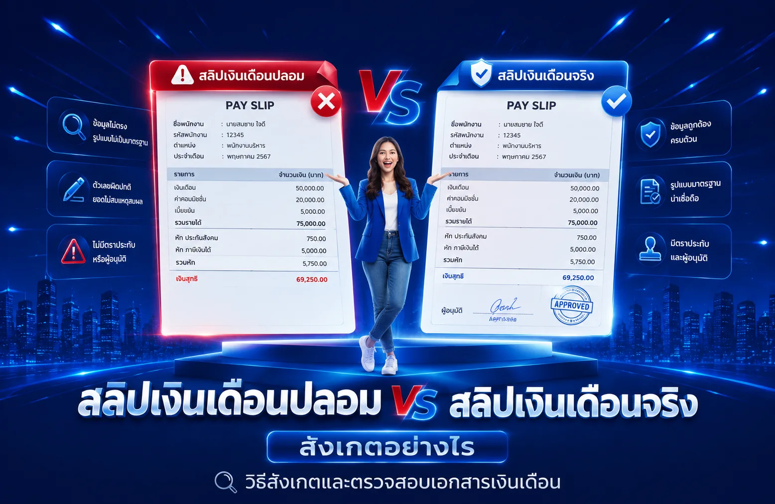สลิปเงินเดือนปลอม vs สลิปเงินเดือนจริง วิธีสังเกตและตรวจสอบเอกสารเงินเดือน